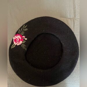 Black Beret with Pink Floral Embroidery